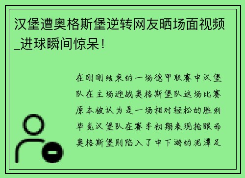 汉堡遭奥格斯堡逆转网友晒场面视频_进球瞬间惊呆！