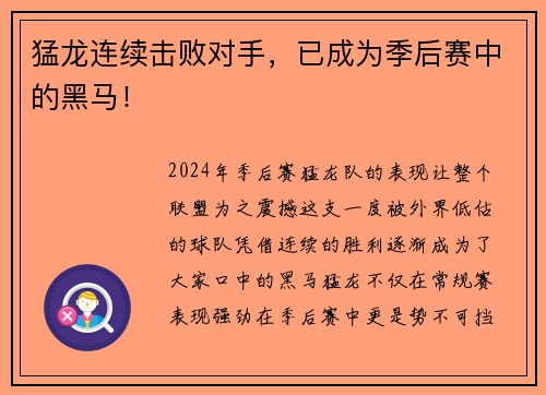 猛龙连续击败对手，已成为季后赛中的黑马！